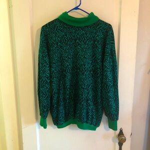 Cute Handmade Vintage Green & Black Print Turtleneck - LRG/XL